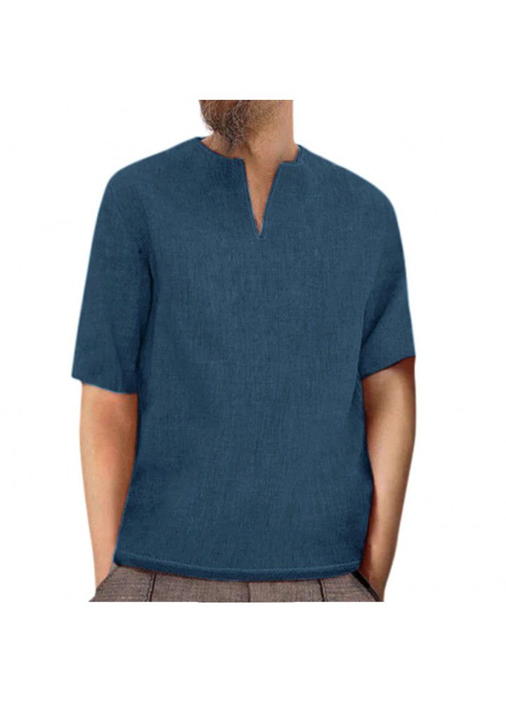 2021 Amazon new foreign trade European and American men's Cotton hemp national style linen solid color V-neck short sleeve top