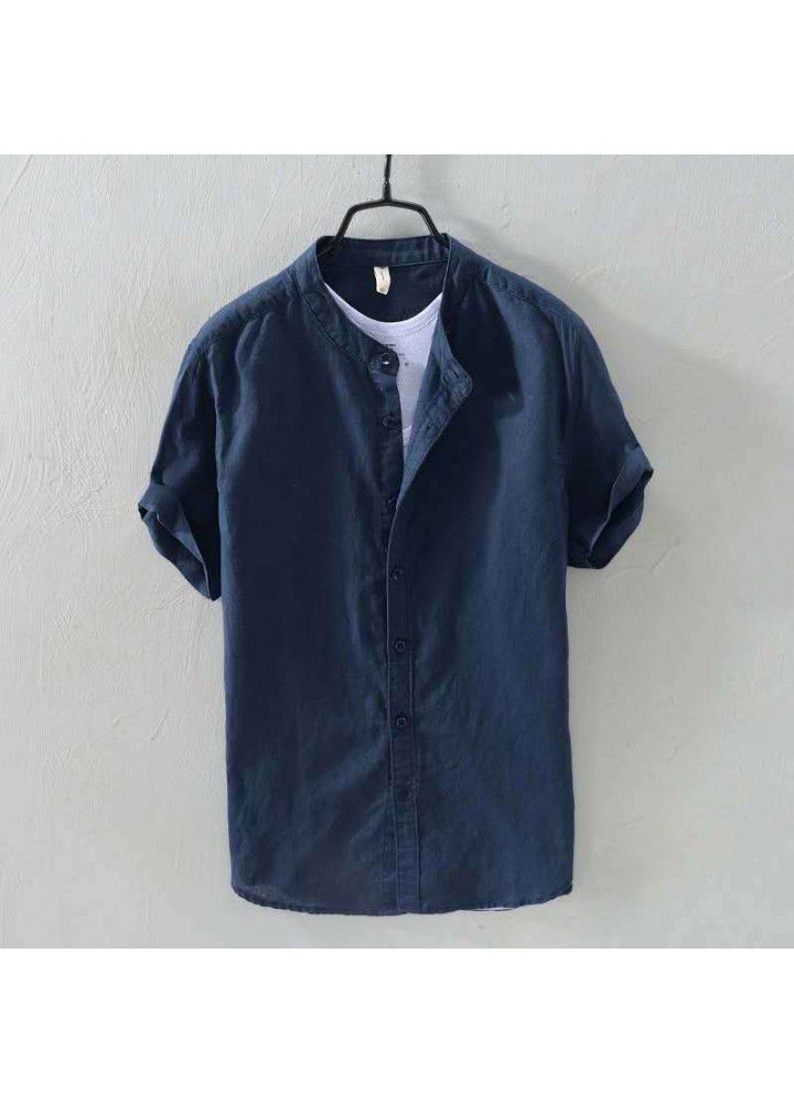 Spot 2021 new men's casual stand collar short sleeve cotton shirt popular in Europe and America