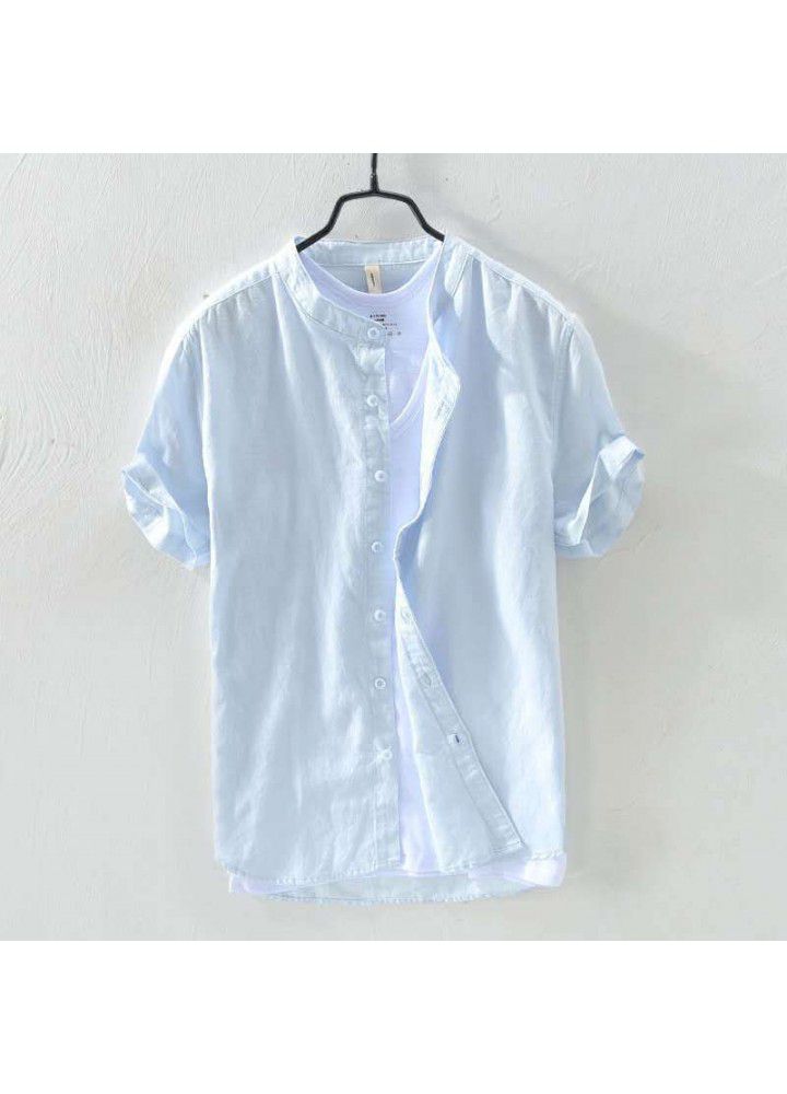 Spot 2021 new men's casual stand collar short sleeve cotton shirt popular in Europe and America