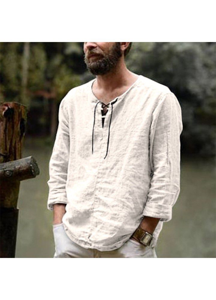 Spot 2021 new men's casual cotton and linen shirt, Europe and America cross border popular bandage long sleeve top