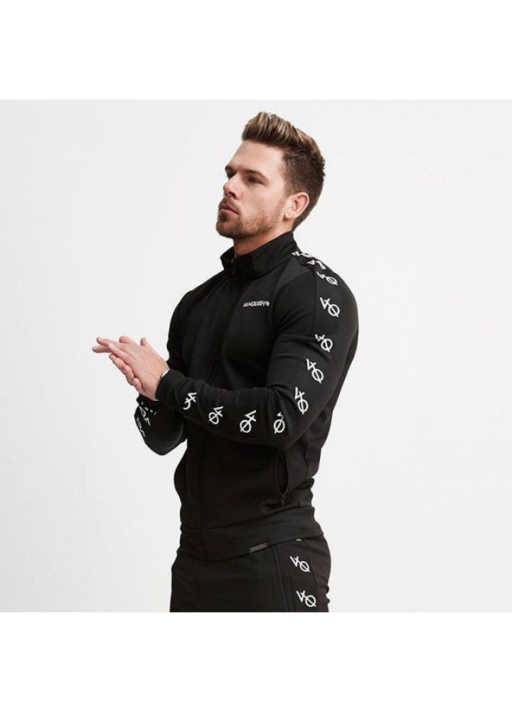 Cross border for muscle brothers sports fitness men's long sleeve printed sweater autumn and winter slim zipper casual cardigan coat