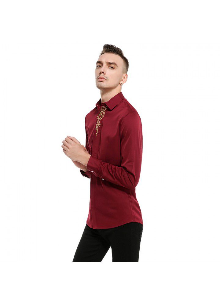 New foreign trade shirts sell quickly autumn European men's neckline embroidery bottoming slim long sleeve shirt