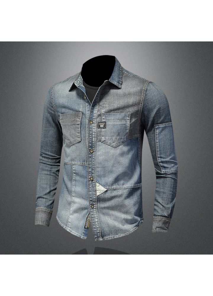 Cross border European style personalized splicing Lapel Denim Long Sleeve Shirt Men's high-end boutique denim shirt w61063
