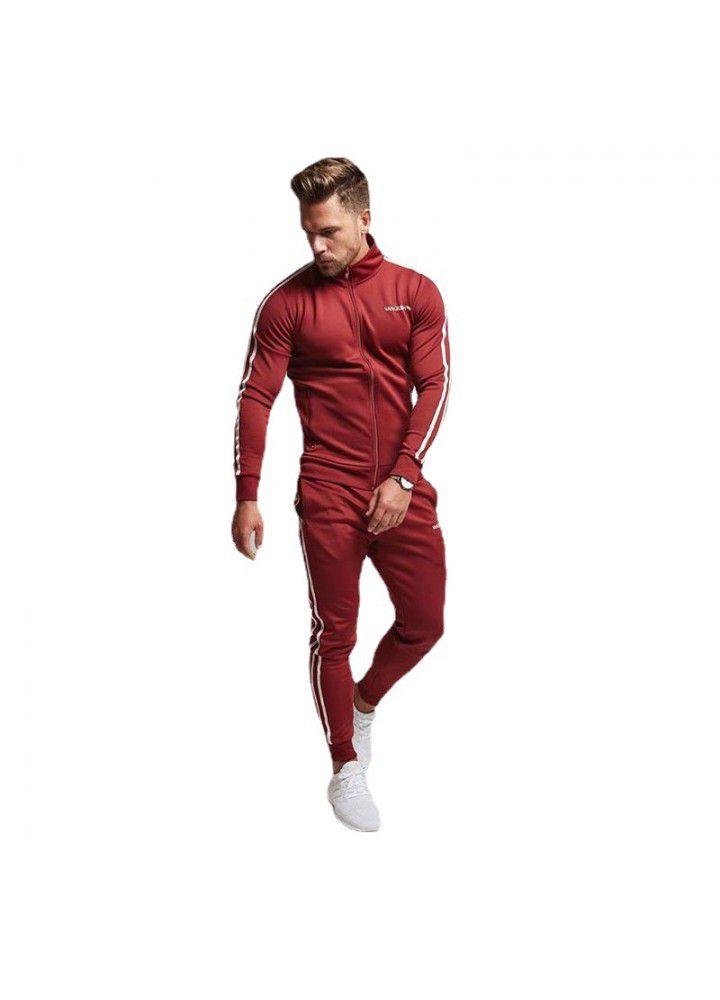 2018 new fitness muscle brother VQ sleeve lacing printing slim fitting sweater autumn and winter sports stand collar coat for men