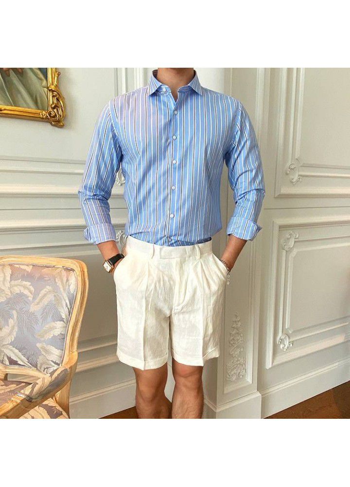 C2221 new men's Lapel long sleeve light business youth retro slim Stripe Shirt Small wholesale customization