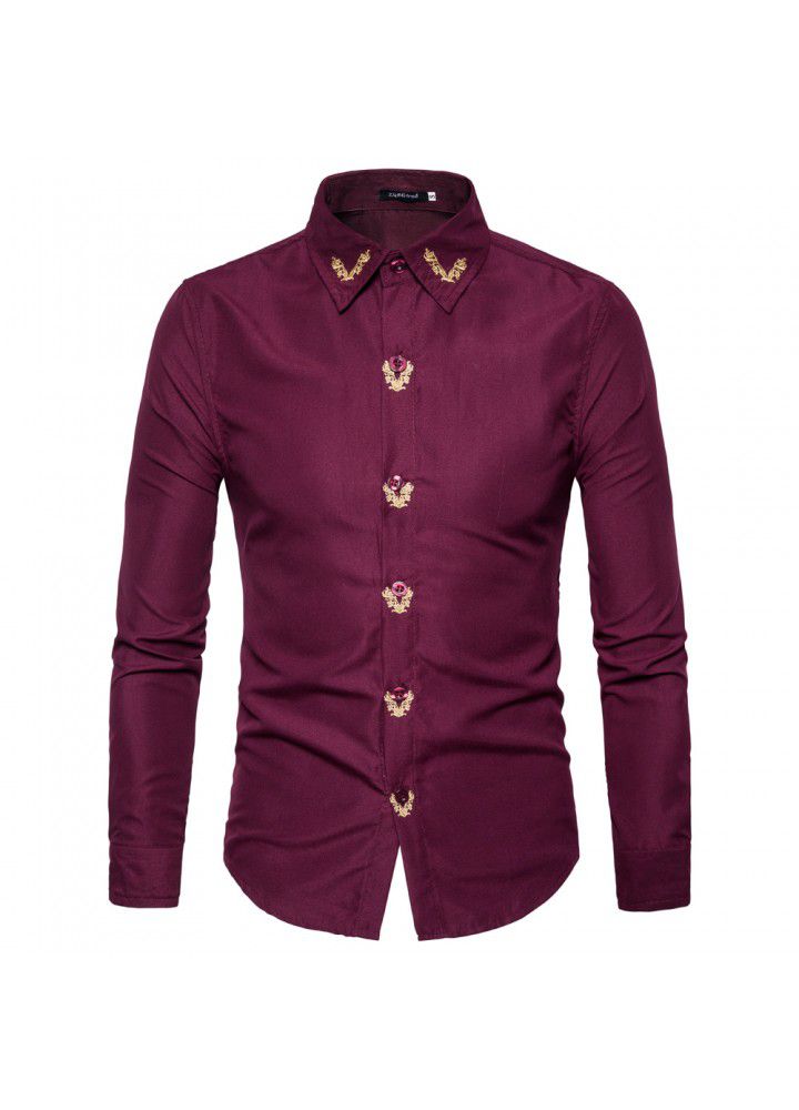 Cross border men's shirt foreign trade autumn and winter new eBay European men's Embroidery multi color bottom slim shirt leisure