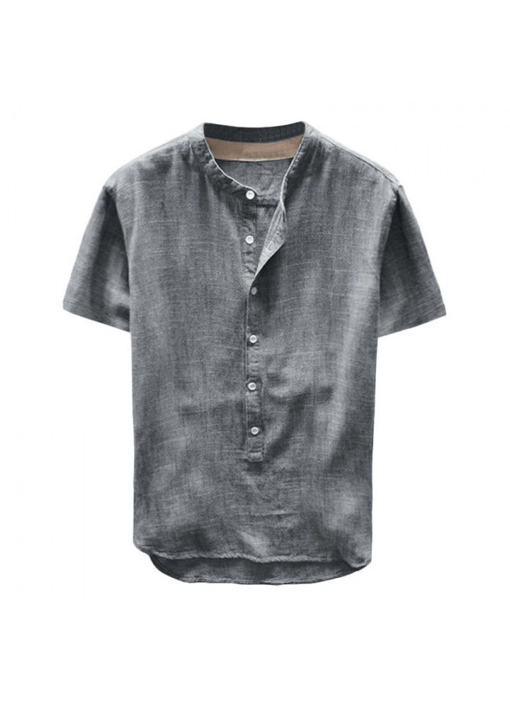 Spot 2019 new men's casual stand collar short sleeve cotton shirt top c107 in Europe and America