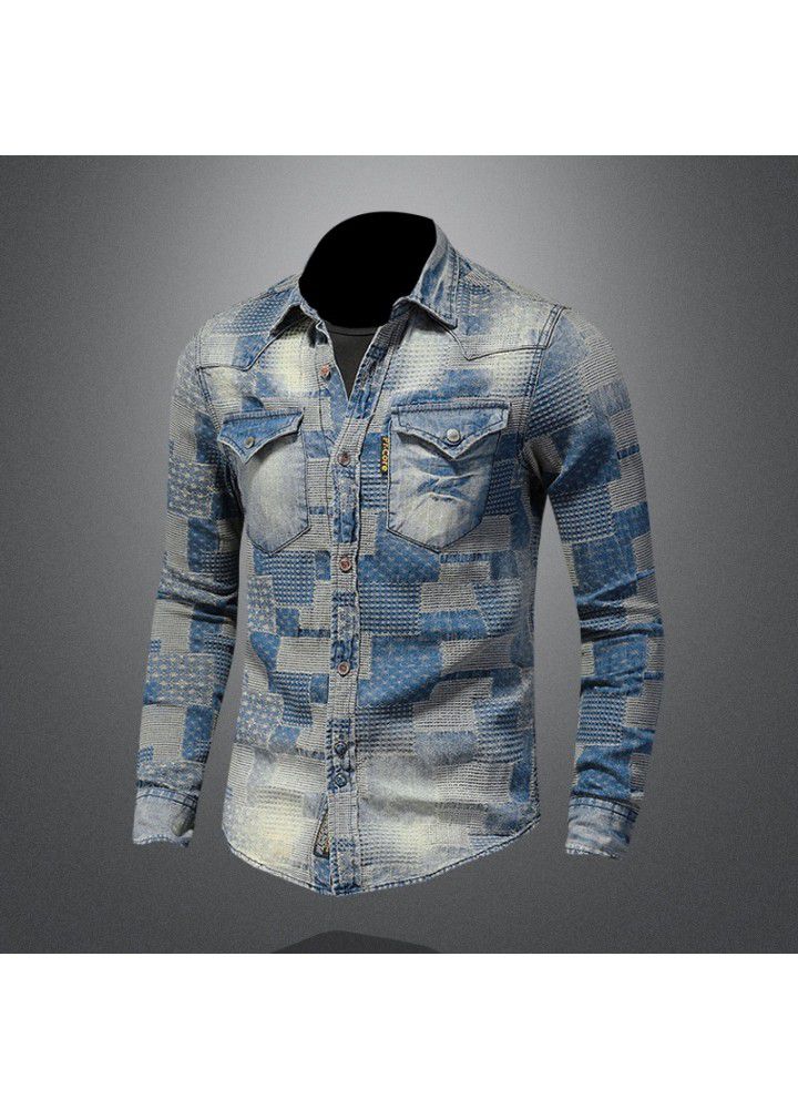 Cross border long term retro color patch Lapel denim shirt art floral punk shirt men's w61068