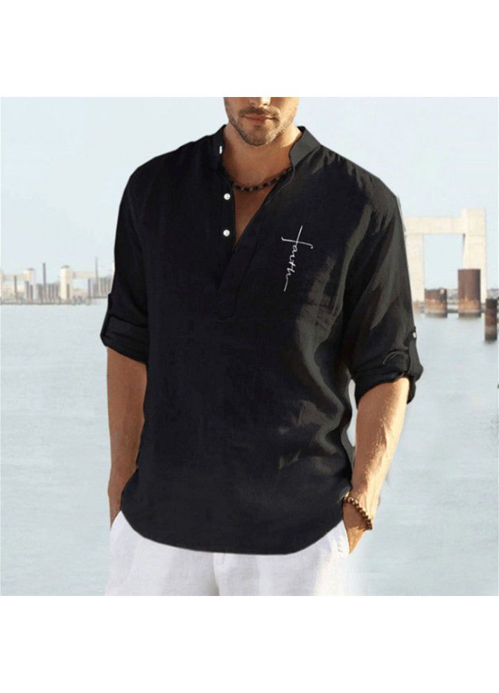 Cross border men's wear autumn 2021 new solid color cotton hemp loose long sleeve shirt fashion stand collar men's casual shirt