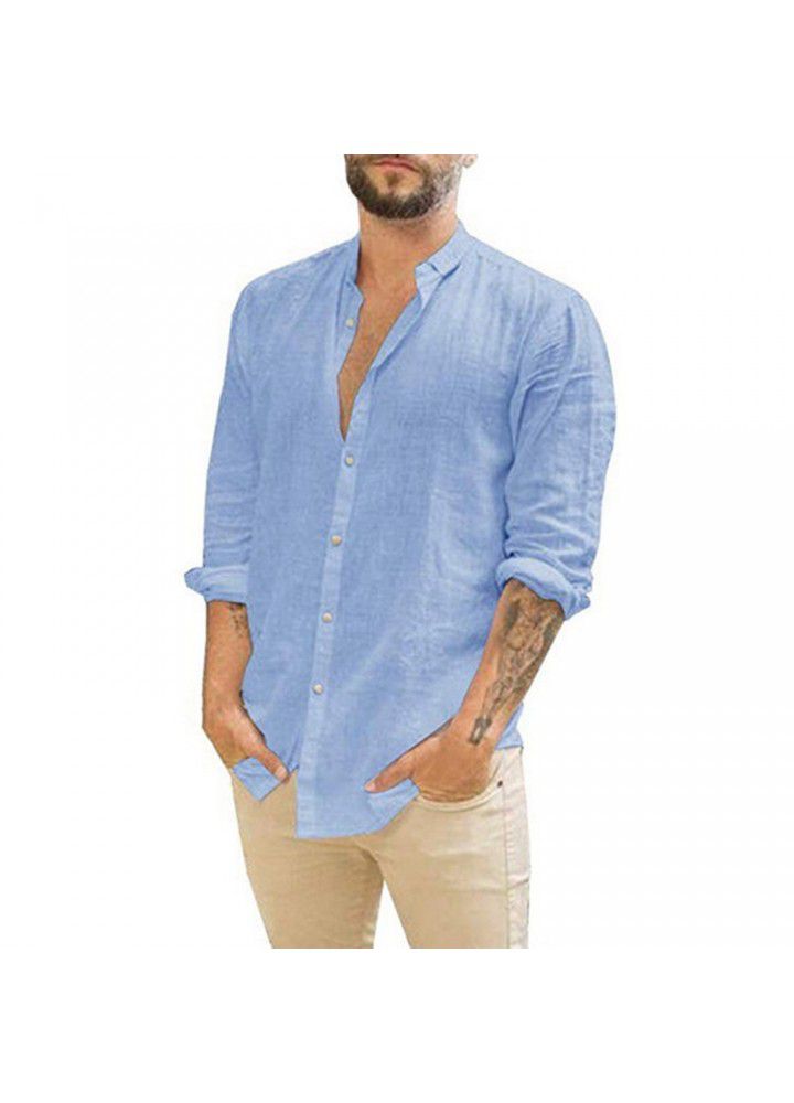 2021 Amazon wish express Europe and America men's new linen cardigan solid casual collar Long Sleeve Shirt