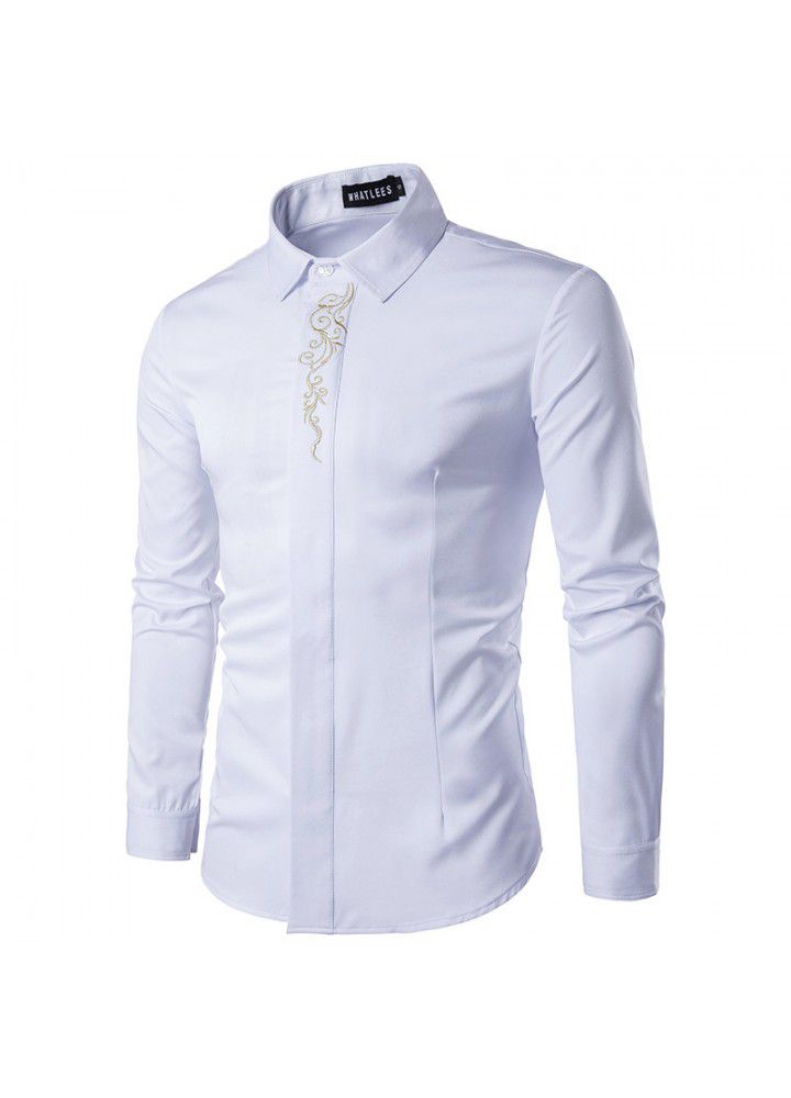 New foreign trade shirts sell quickly autumn European men's neckline embroidery bottoming slim long sleeve shirt