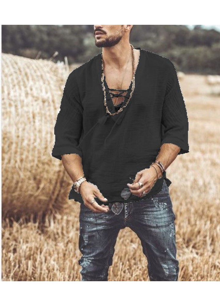 Spot 2021 new men's casual cotton and hemp shirt V-neck mid sleeve top