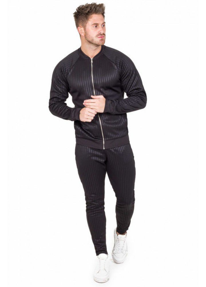 New muscle brothers fitness autumn and winter men's stripe sports suit casual sweater fitness stretch running