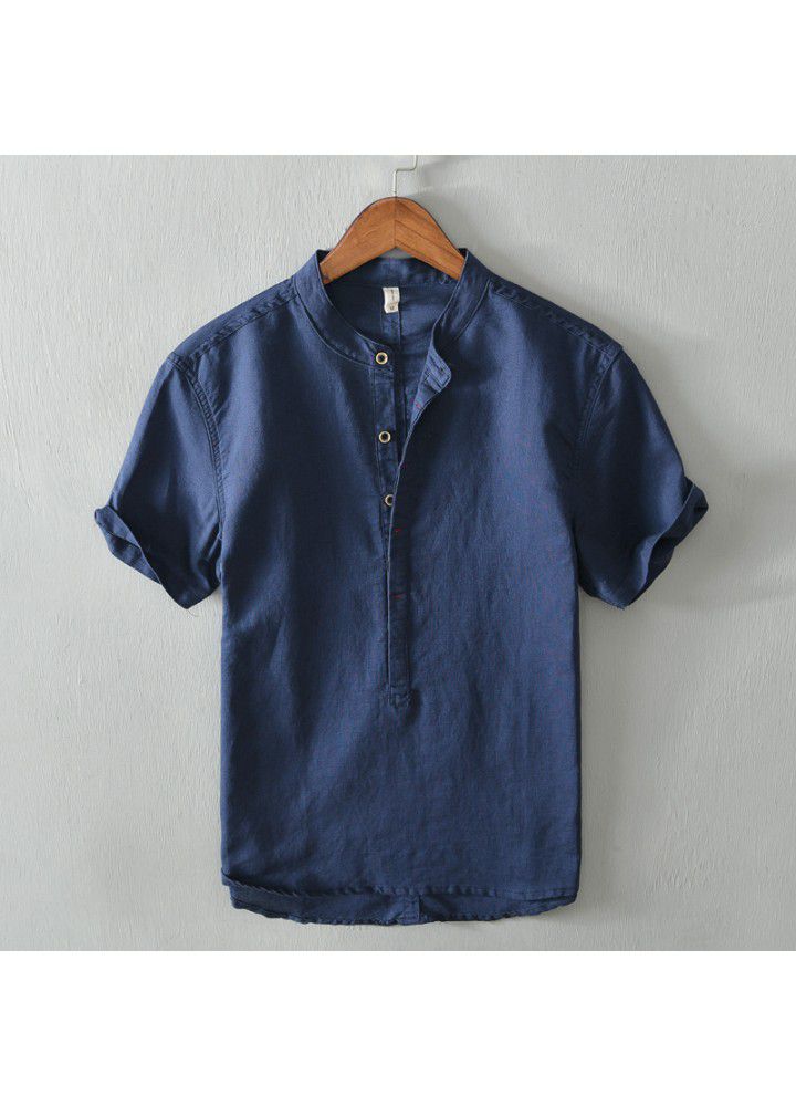 Spot 2021 new men's casual stand collar short sleeve cotton shirt popular in Europe and America