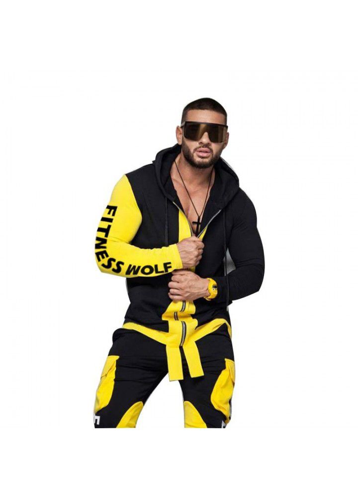 European and American trend sports leisure suit men's color matching trousers hooded zipper coat mextonmen autumn and winter