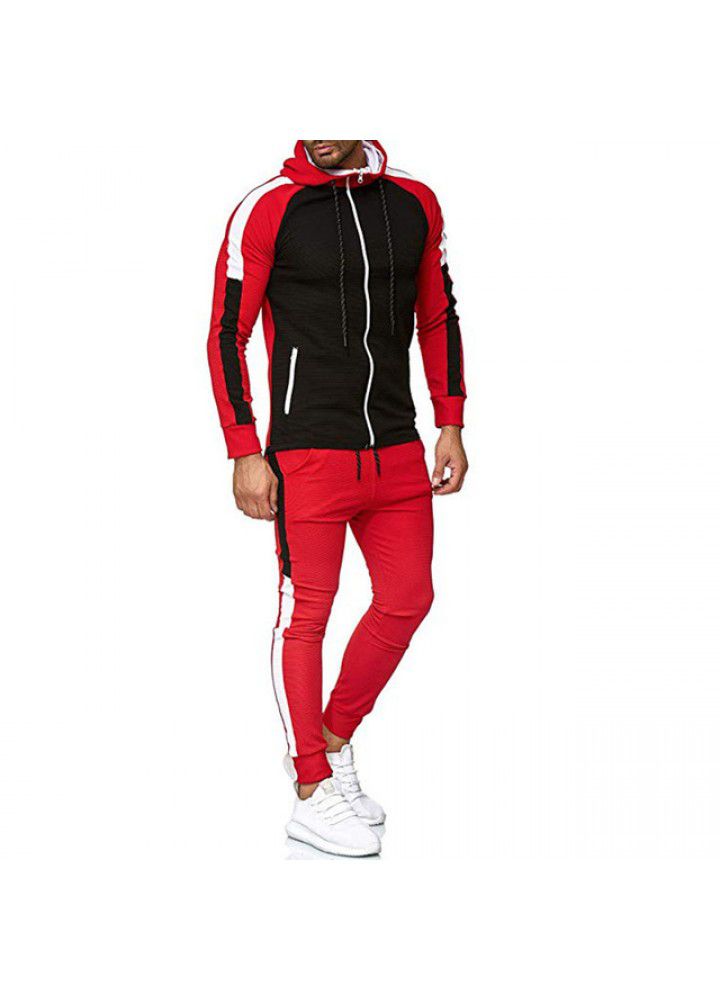 Wish spring and autumn new foreign trade wholesale fashion stripe color matching large men's Hooded Sweater sports suit