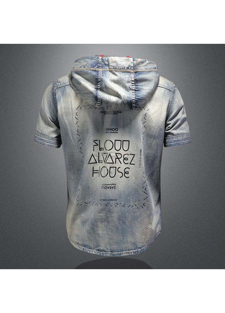 European style summer trend men's short sleeve hooded jeans casual shirt retro slim handsome casual 15145