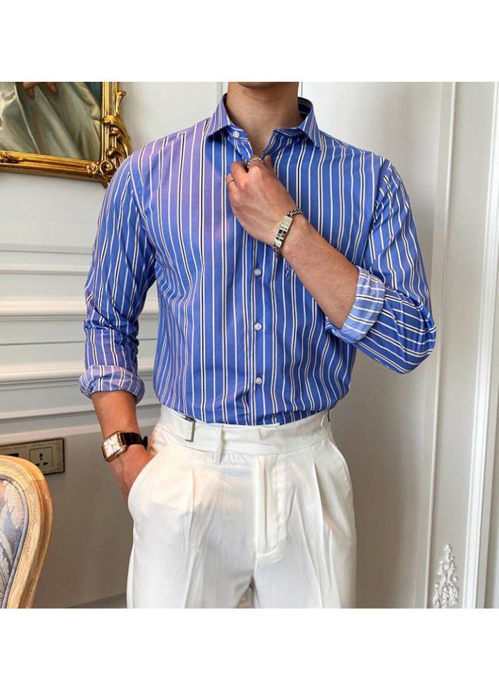 C2221 new men's Lapel long sleeve light business youth retro slim Stripe Shirt Small wholesale customization
