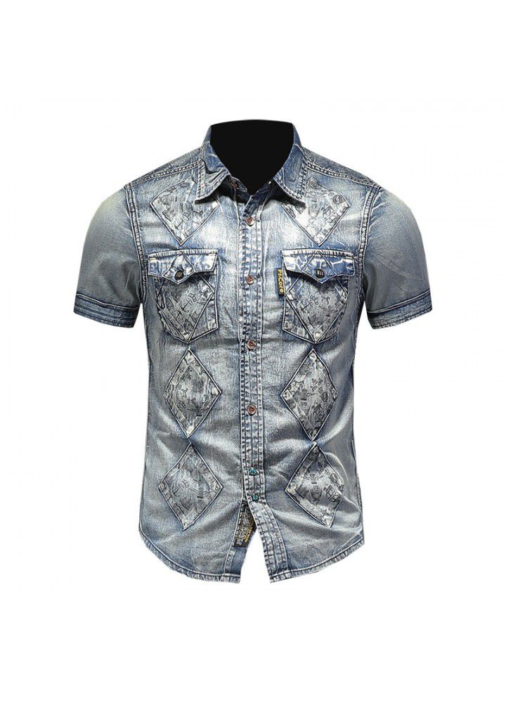 European style summer short sleeve denim floral shirt make old wash slim light color men's retro floral shirt 15131