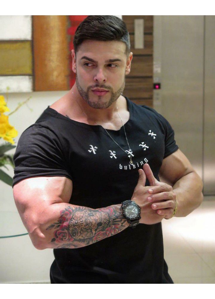 Euro American style Muscle Men's fitness new summer men's fashion brand short sleeve running training breathable sports T-shirt letter
