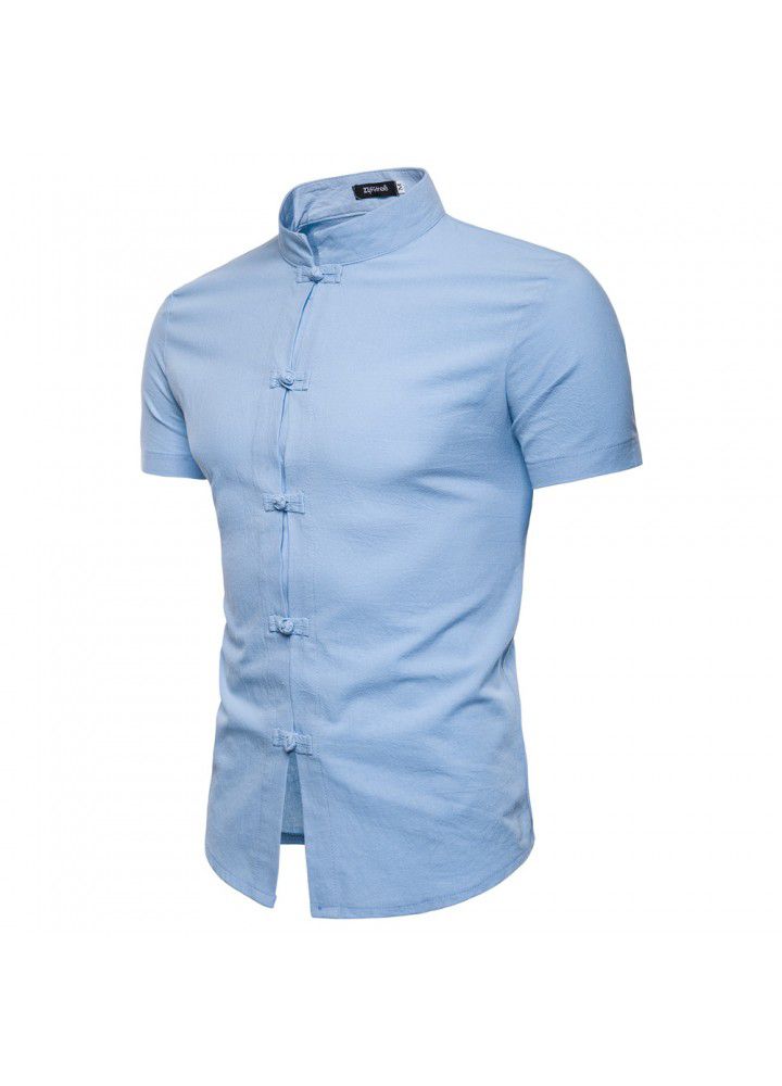 Cross border men's clothing 2018 summer new short sleeve Linen Shirt express casual solid collar cardigan shirt for men
