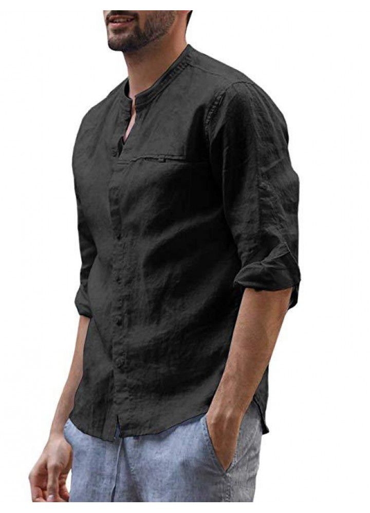 New foreign trade men's casual cotton and linen long sleeve shirt small stand collar casual open button shirt in autumn and winter of 2019