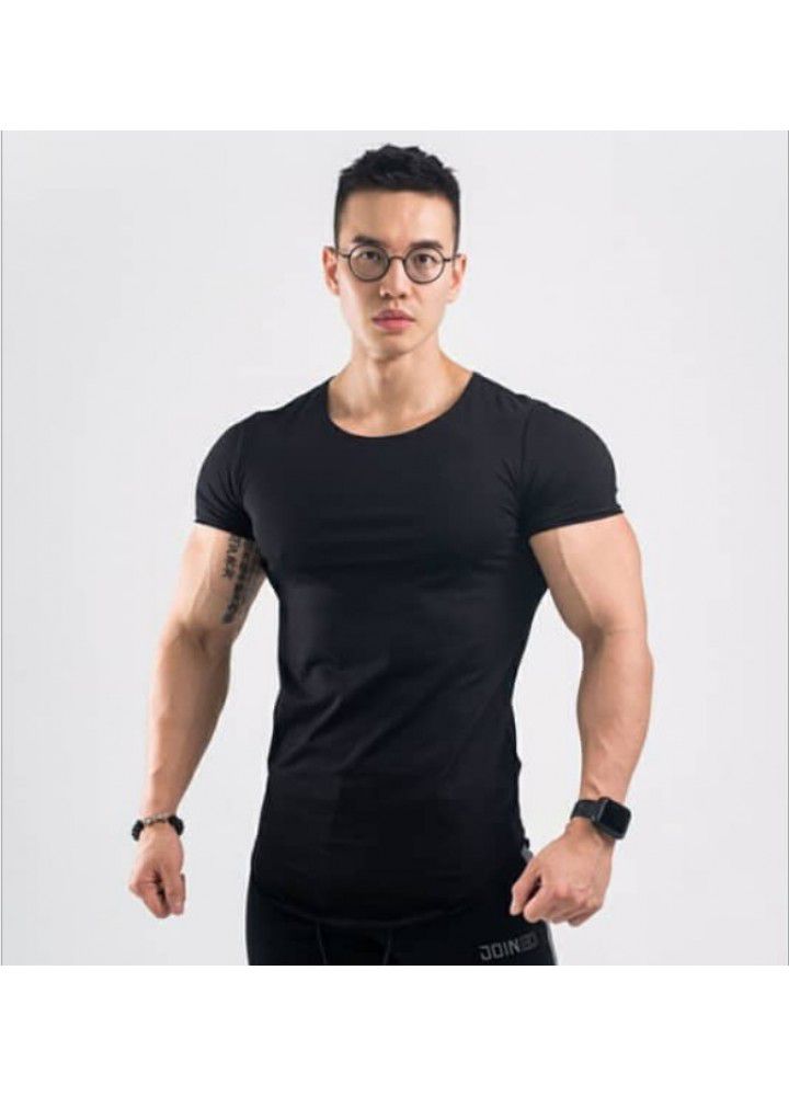 Sports T-shirt short sleeve men's loose fitting European and American T-shirt arc hem fitness trend running fast dry Breathable top