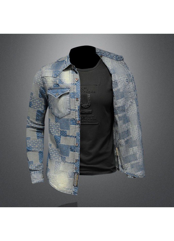 Cross border long term retro color patch Lapel denim shirt art floral punk shirt men's w61068