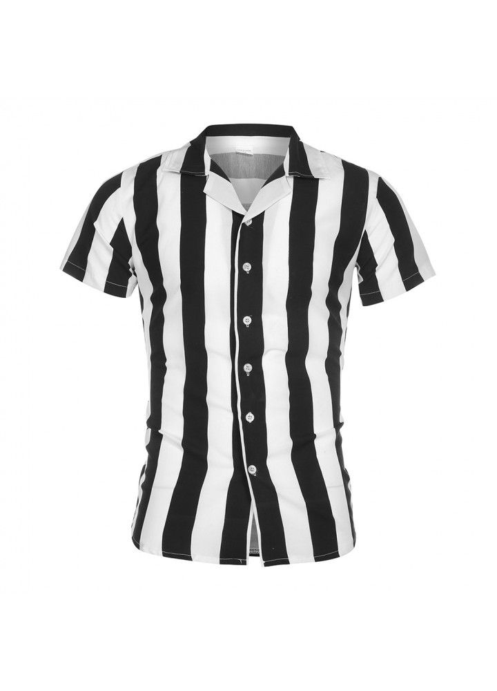 Hot men's shirt in summer 2019 men's short sleeve mercerized cotton stripe color matching Slim Fit Shirt Men's Short Sleeve Shirt