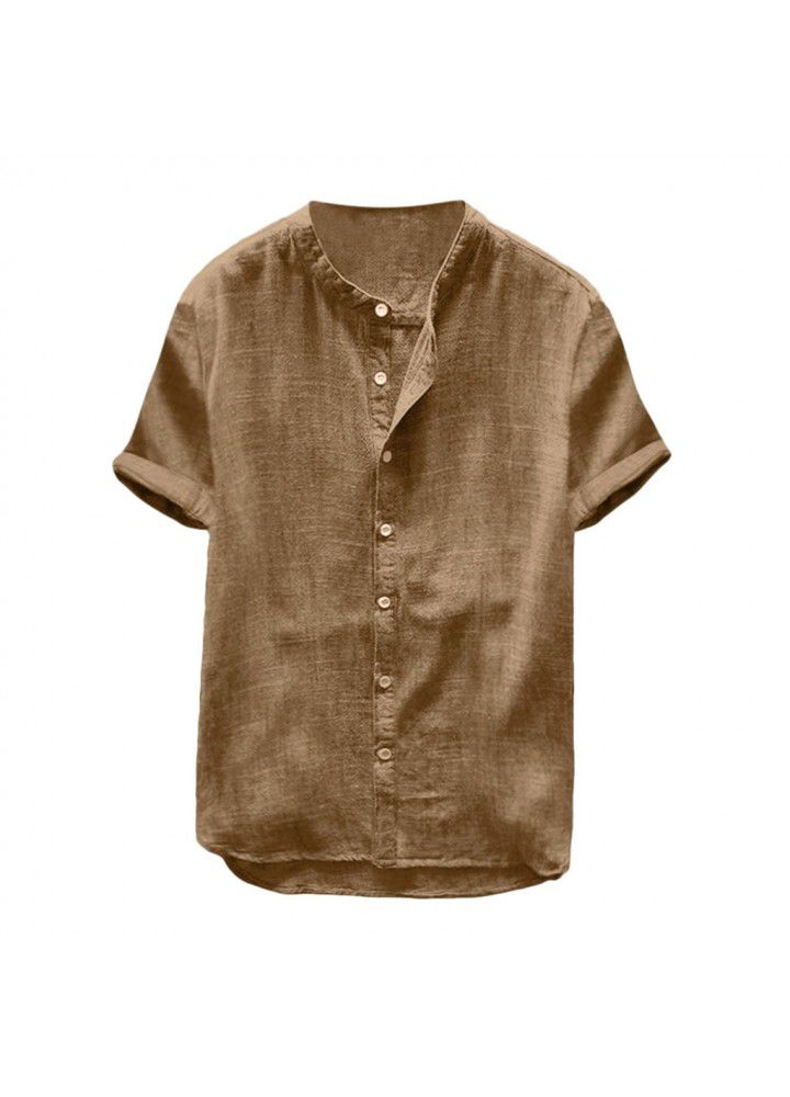 Spot 2019 new men's casual stand collar short sleeve cotton shirt top c107 in Europe and America