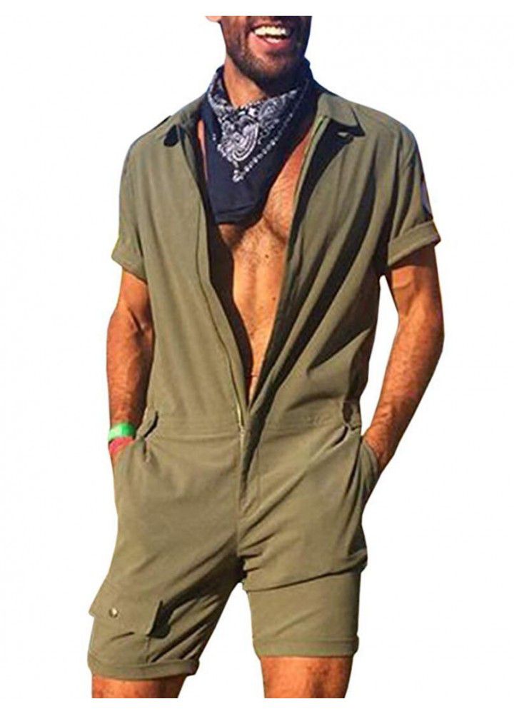 Summer foreign trade cross border men's Jumpsuit zipper access woven tooling