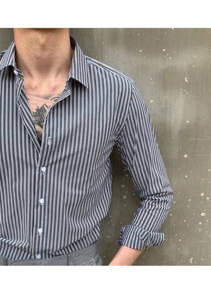C2216 European and American new men's autumn thin Lapel light business retro slim striped shirt long sleeve independent station