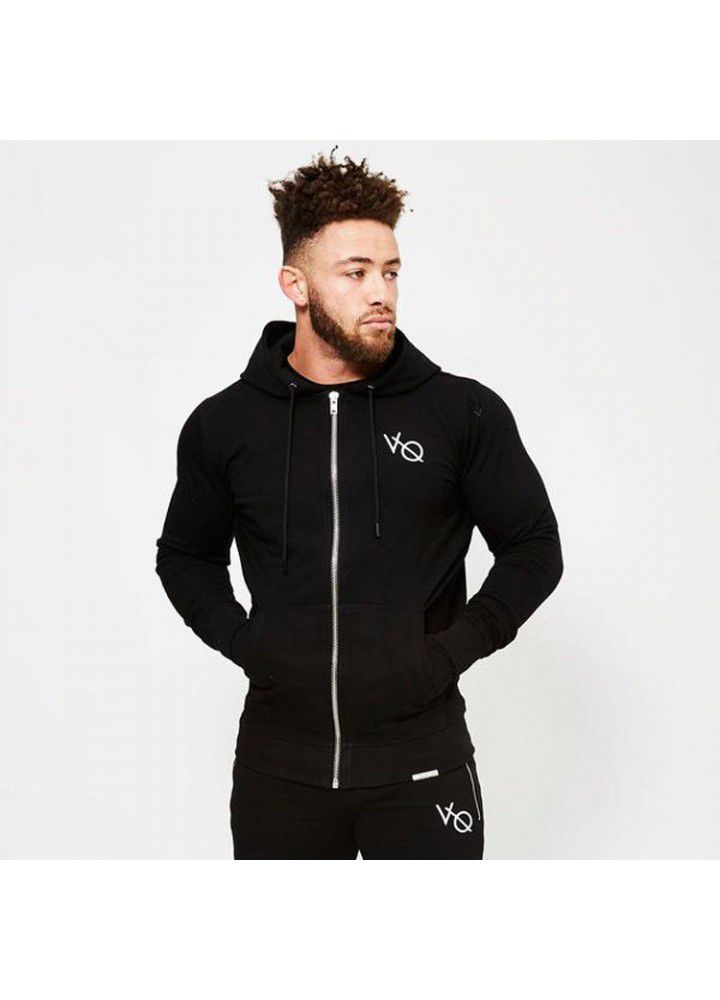 Cross border muscle brothers fitness sports leisure men's zipper Hoodie solid color slim breathable long sleeve coat