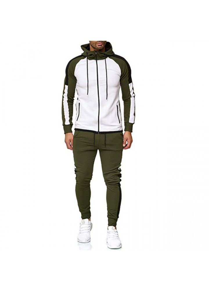 Wish spring and autumn new foreign trade wholesale fashion stripe color matching large men's Hooded Sweater sports suit
