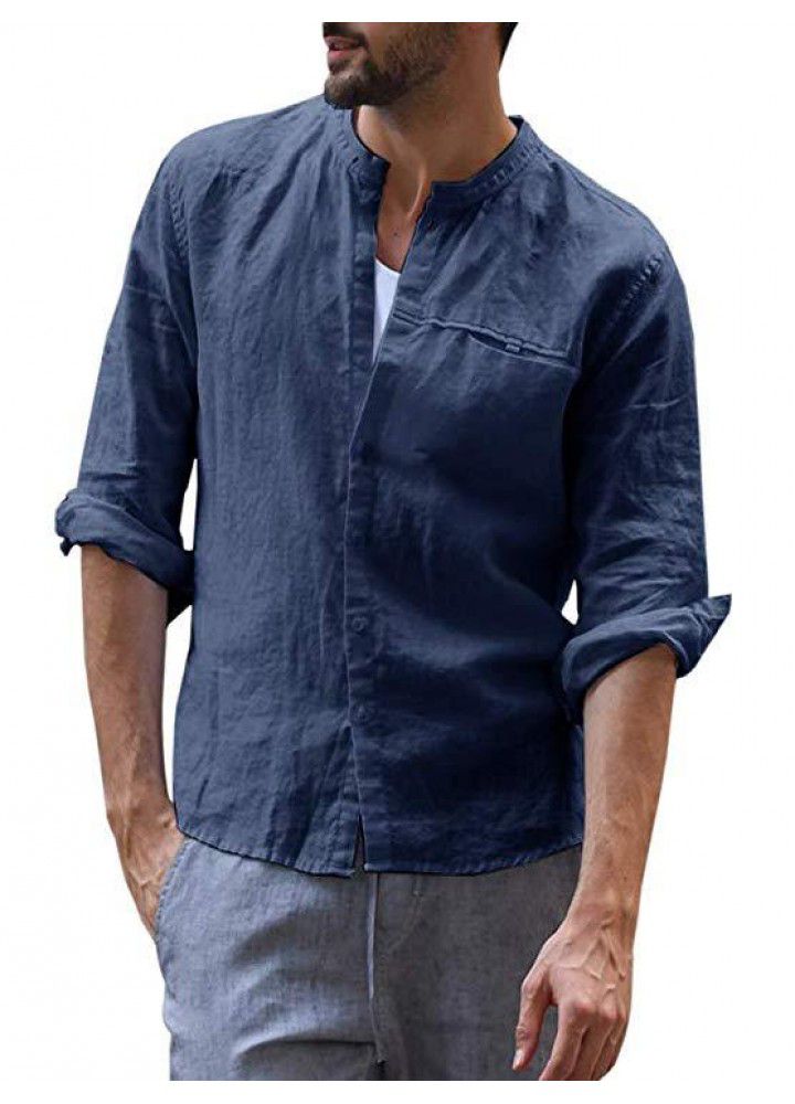New foreign trade men's casual cotton and linen long sleeve shirt small stand collar casual open button shirt in autumn and winter of 2019