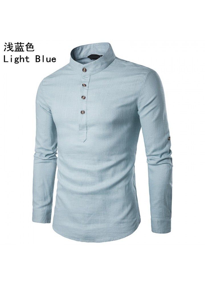Cross border men's fashion shirt foreign trade long sleeve standing collar linen slim sleeve shirt foreign trade long term goods