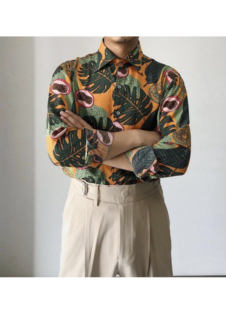 C2231 new wish spring autumn retro printed wide soft comfortable cotton youth Lapel men's casual shirt