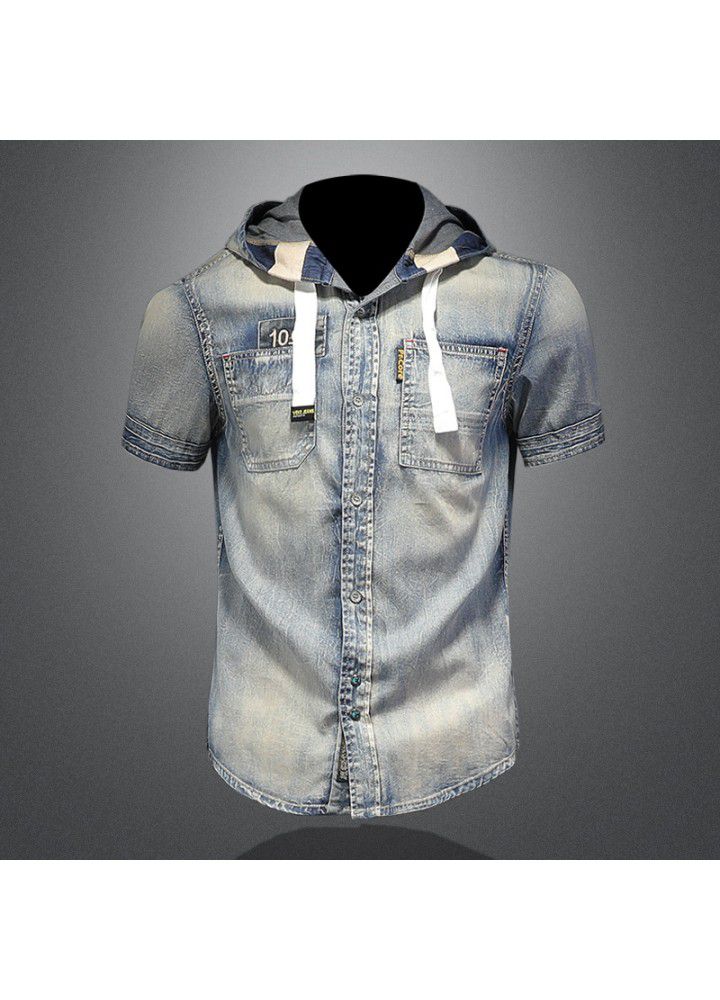 European style summer trend men's short sleeve hooded jeans casual shirt retro slim handsome casual 15145
