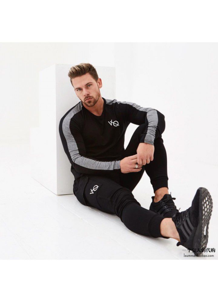 New fitness muscle brothers sports long sleeve fitness suit men's thin breathable training round neck long sleeve T-shirt