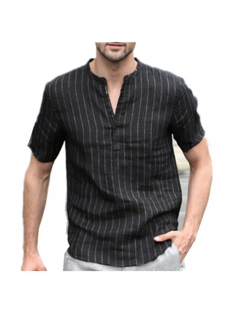 2020 fast sell hot summer new hemp cotton stripe short sleeve men's fashion casual stand collar pullover shirt