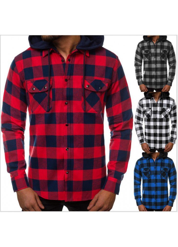 2020 spring new men's Plaid Hooded Shirt tooling pocket detachable hat casual long sleeve Hoodie