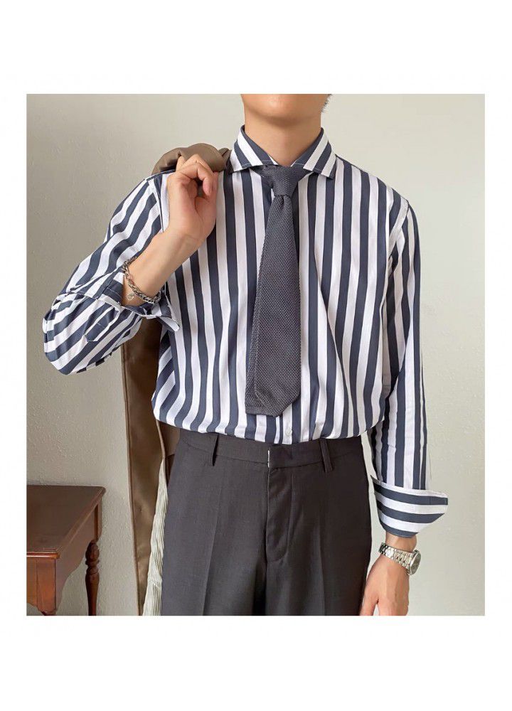 C2232 European and American stripe Windsor collar shirt men's spring and autumn Lapel youth retro slim business long sleeve wholesale