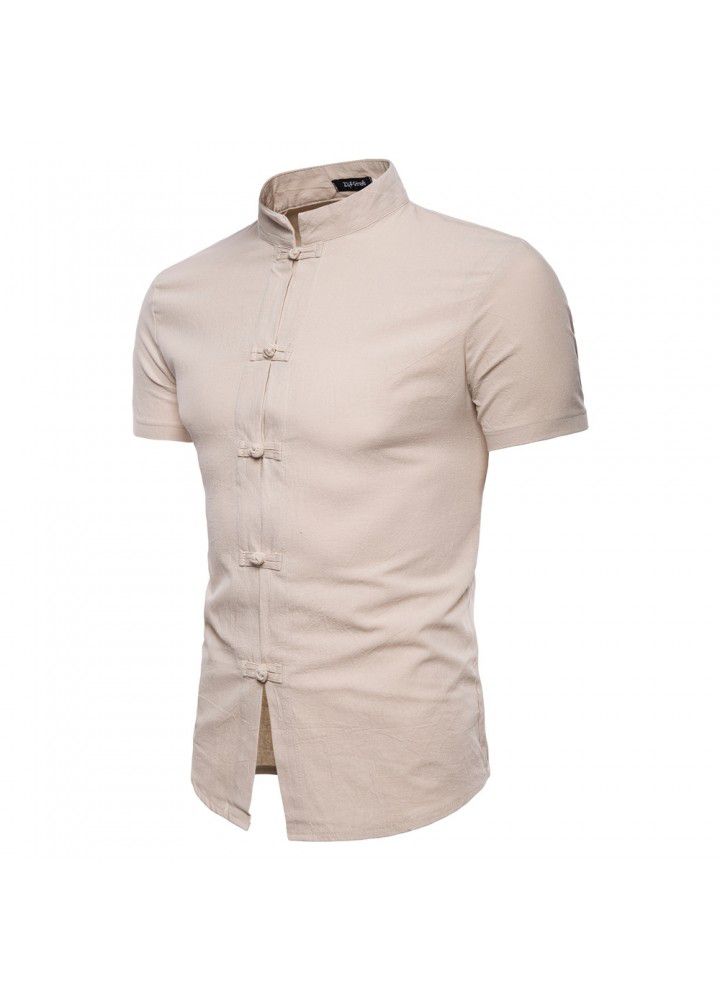 Cross border men's clothing 2018 summer new short sleeve Linen Shirt express casual solid collar cardigan shirt for men