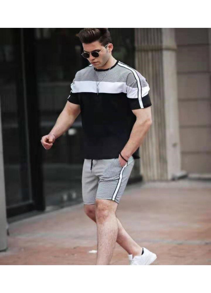 2021 new men's leisure trend splicing suit leisure sports two piece suit