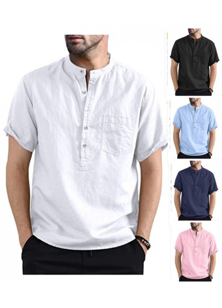 Spot 2021 new men's casual stand collar short sleeve cotton shirt popular in Europe and America