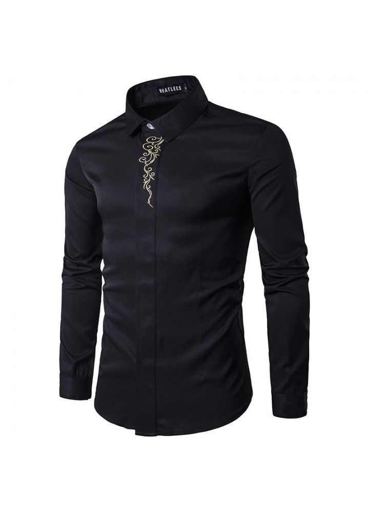 New foreign trade shirts sell quickly autumn European men's neckline embroidery bottoming slim long sleeve shirt