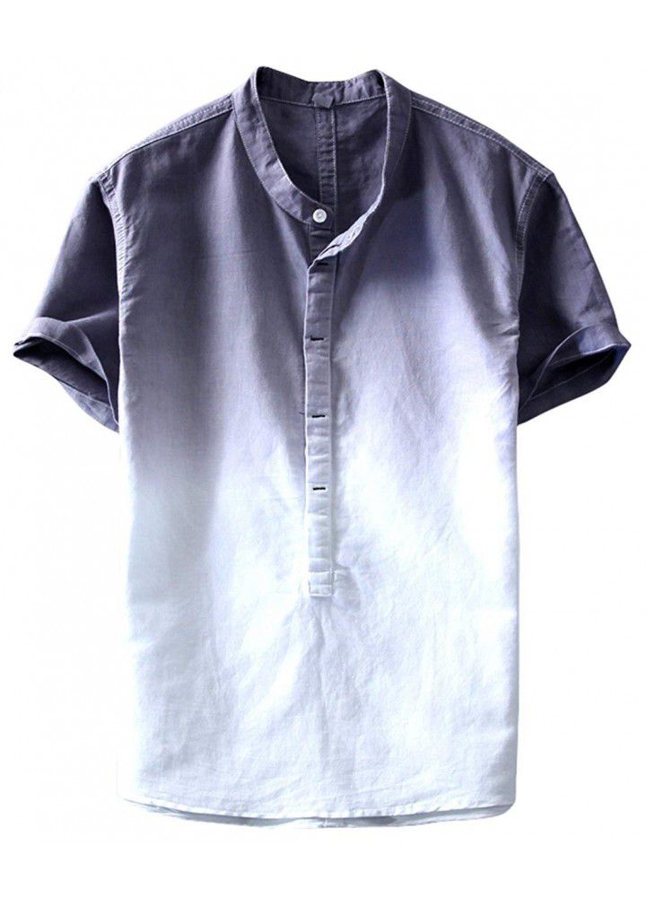 2019 foreign trade hot sales European and American fashion shirt slim digital gradient printing half cardigan cotton linen short sleeve shirt men's shirt