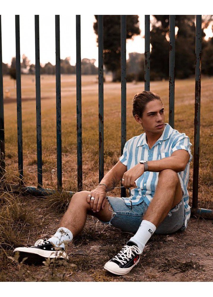 Europe and America 2019 new foreign trade express Amazon eBay stripe casual men's Shirt Short Sleeve Shirt