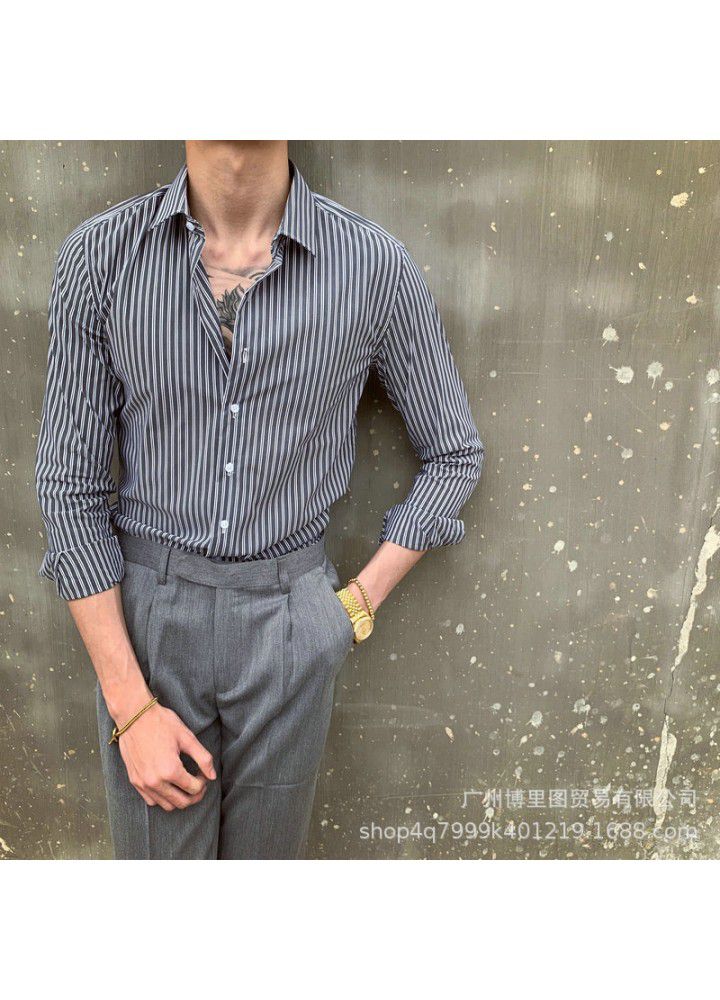C2213 new European and American men's autumn long sleeve light business Lapel stripe slim retro youth shirt customization