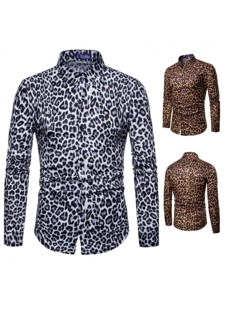 Foreign trade men's shirt 2018 new express nightclub leopard print casual digital print slim long sleeve shirt men's shirt